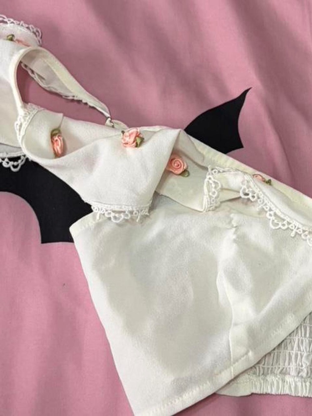 Romantic Ivory Ruffle Crop Top with Roses - Picture 4 of 7